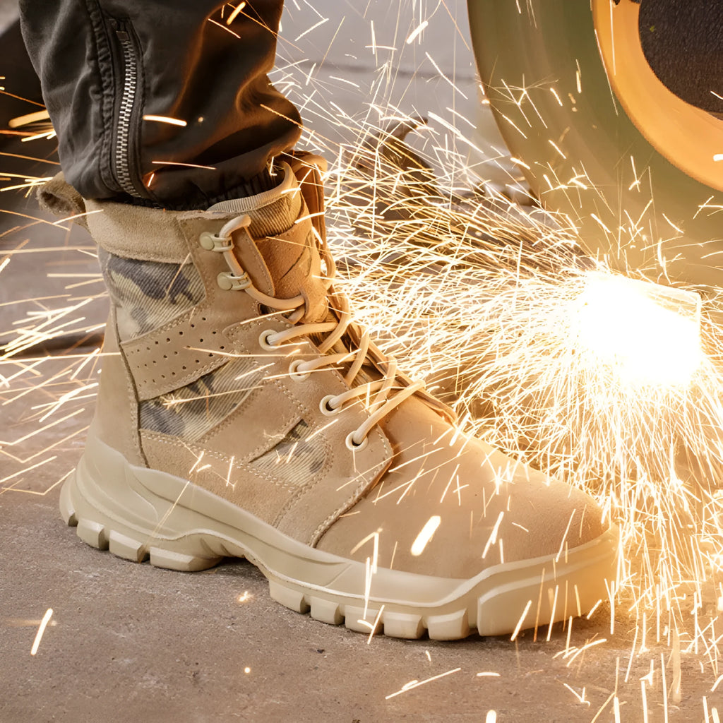 Khaki suede high-top combat boots with a steel toe cap and lace-up front.