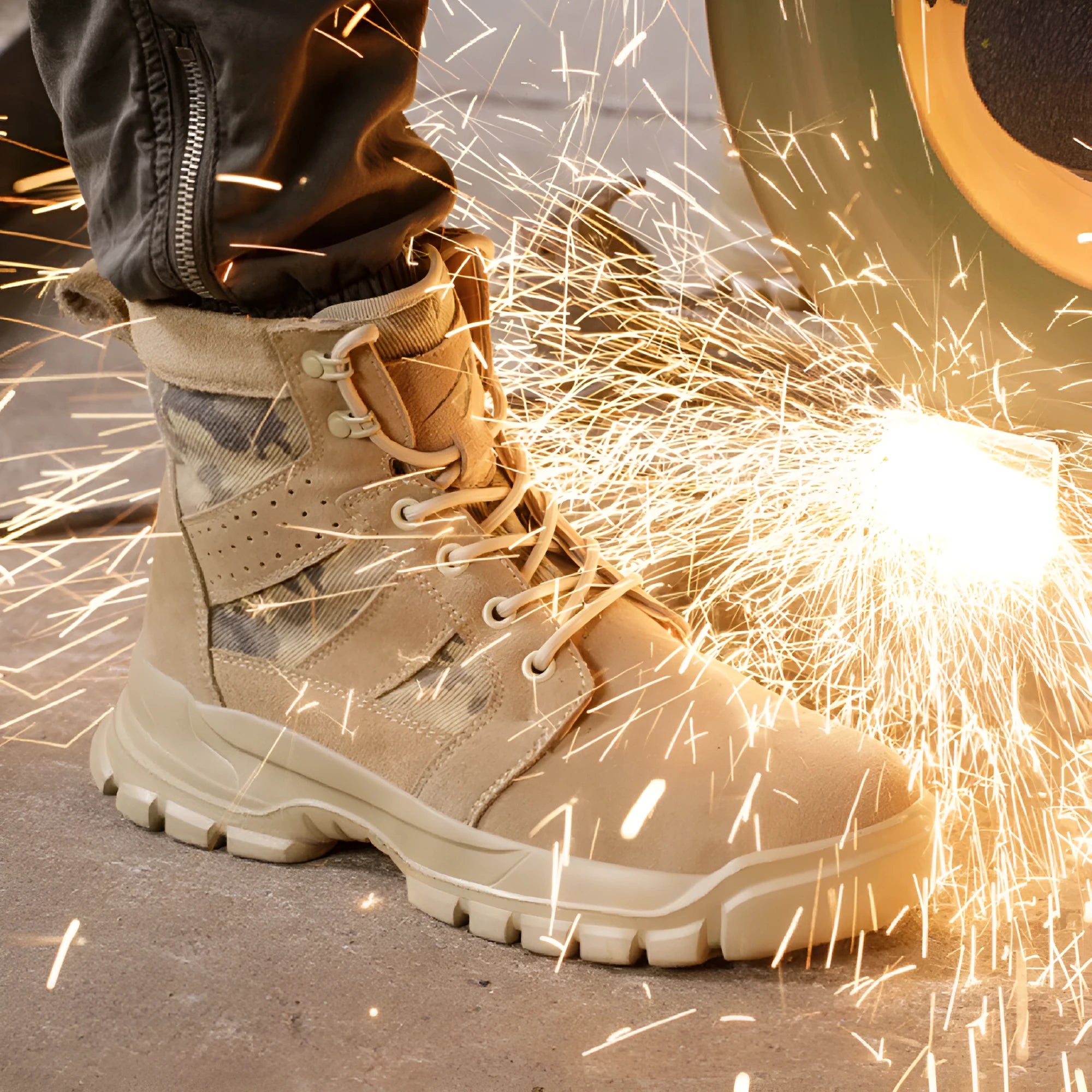 Khaki suede high-top combat boots with a steel toe cap and lace-up front.