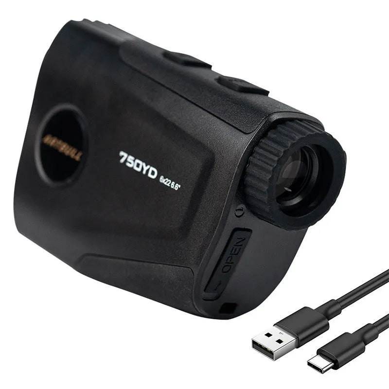Golf laser rangefinder with 6x magnification lens showing LCD display with distance measurement