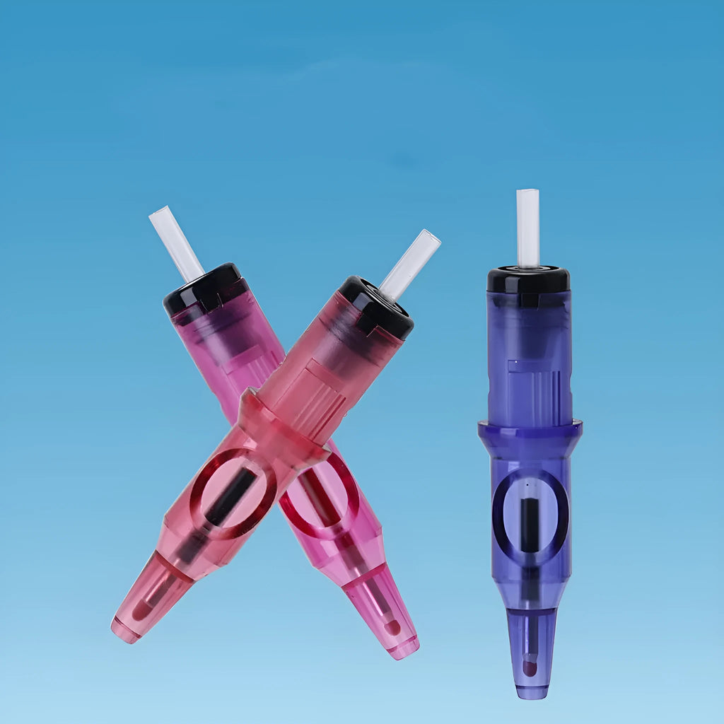 Tattoo integrated needle ballpoint pen tool for temporary cosmetic tattoos in assorted colours.