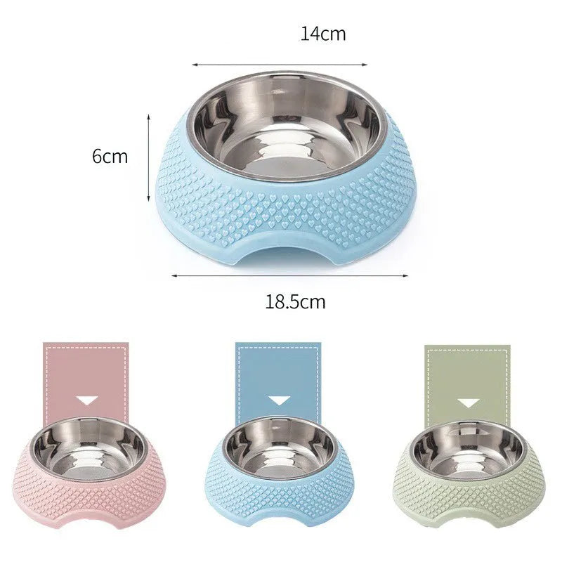Stainless steel pet bowl with coloured non-slip base in blue, green, or pink.