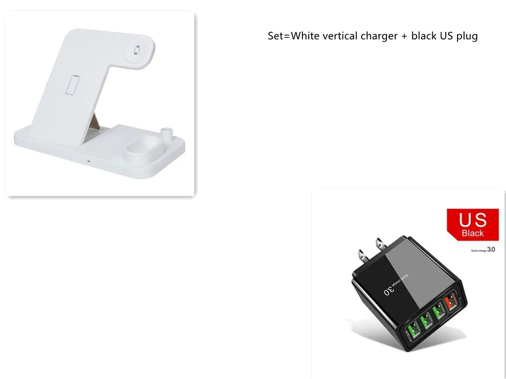 4-in-1 wireless charging dock showing iPhone, Apple Watch, AirPods and Apple Pencil charging simultaneously on adjustable stand.