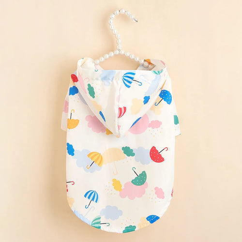 Colourful cartoon umbrella pattern pet raincoat for dogs in sizes XS to XL.