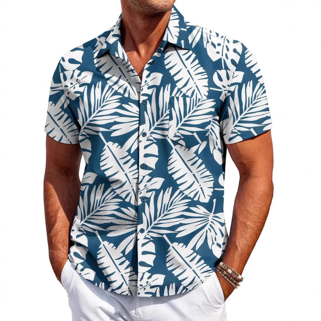 Men's slim fit Hawaiian style short sleeve shirt on a hanger.