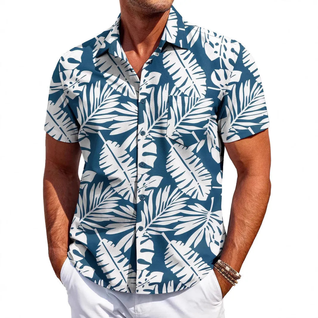 Men's slim fit Hawaiian style short sleeve shirt on a hanger.