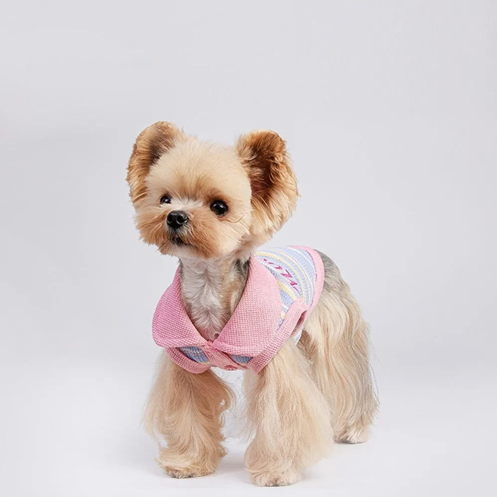 Pink purple knitted fleece vest for a small dog on a white background.