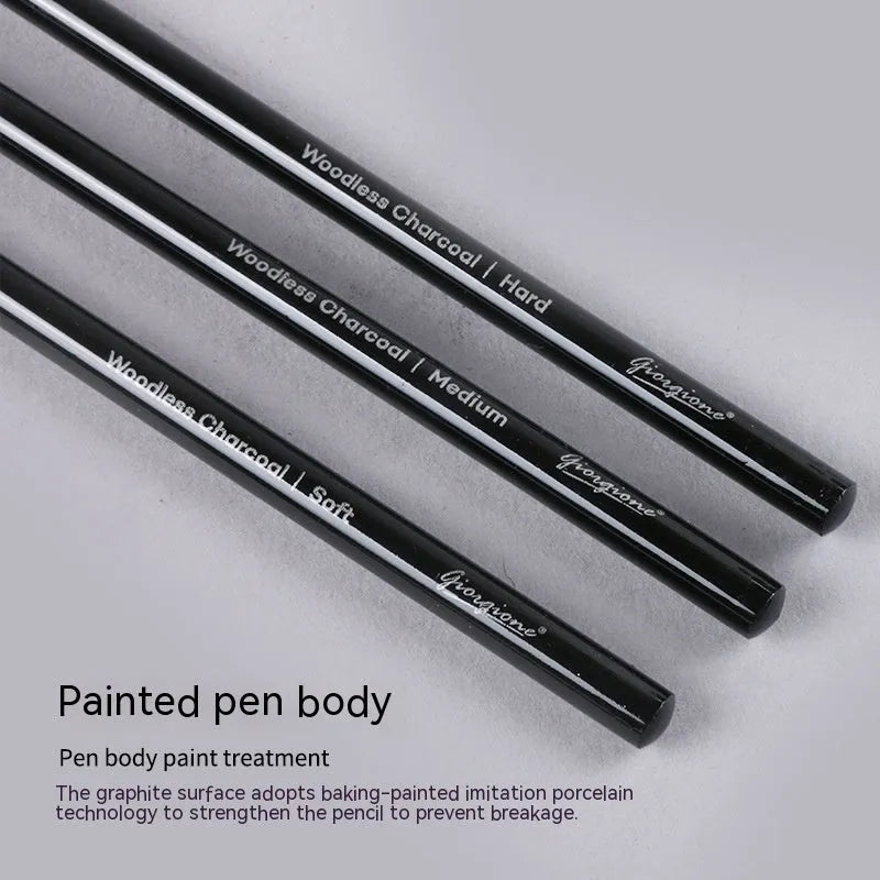 Wooden case containing six graphite pencils and three carbonized pencils for drawing, presented on a white suction card.