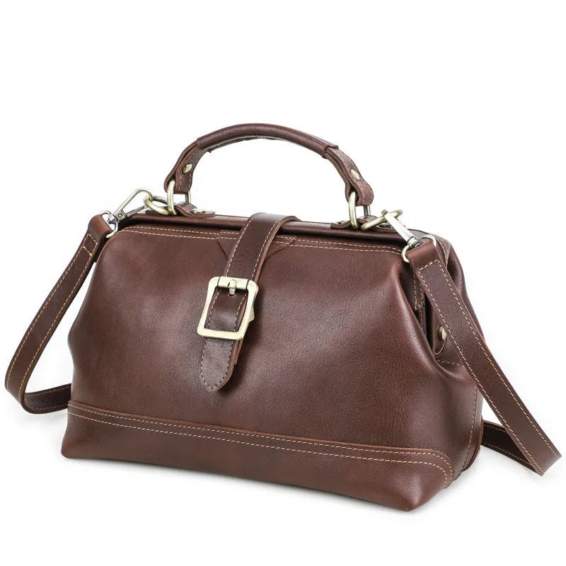Reddish brown genuine leather women's shoulder messenger bag with sewing line details and crossbody strap