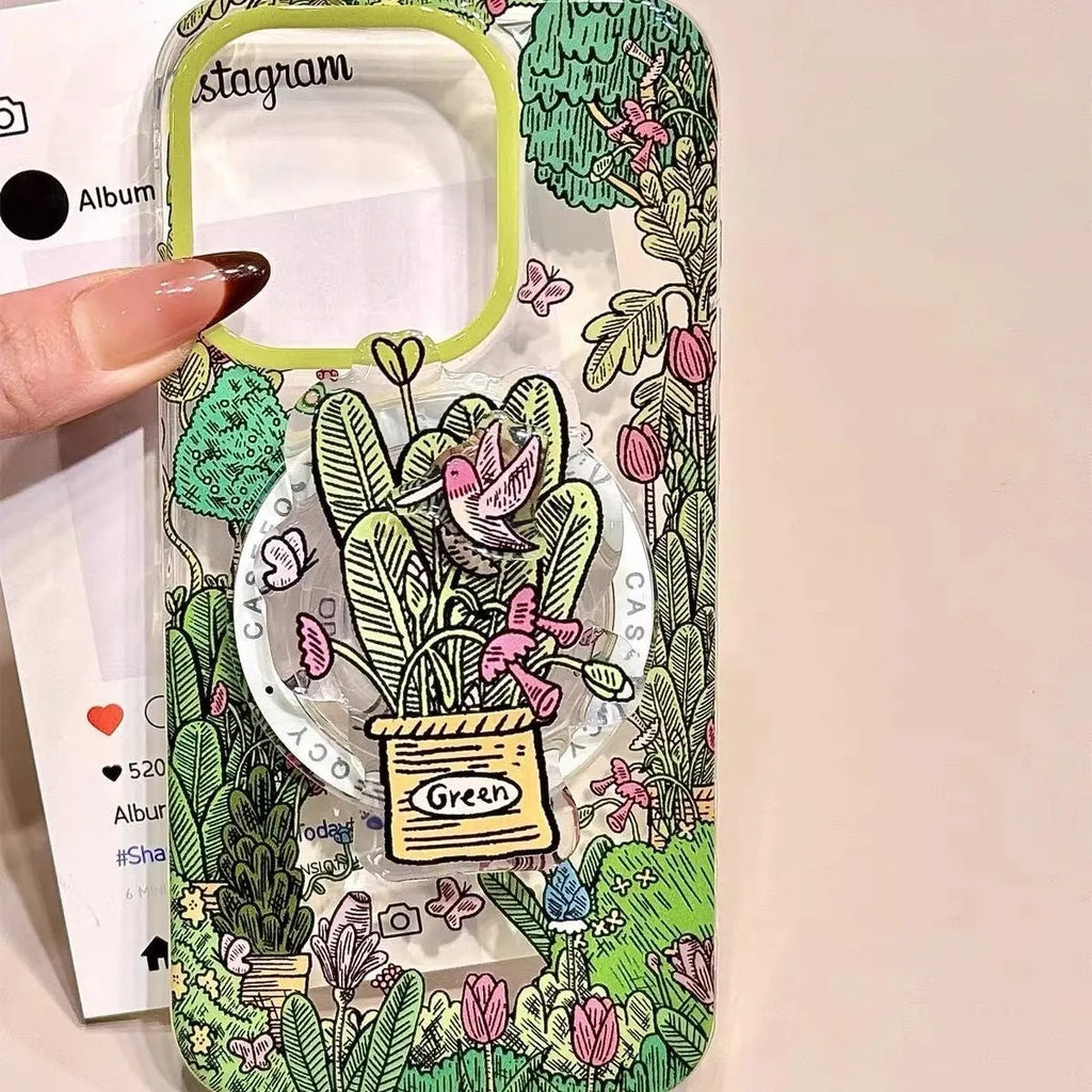 Retro oil painting jungle bird phone case with magnetic suction bracket for iPhone, frosted acrylic finish