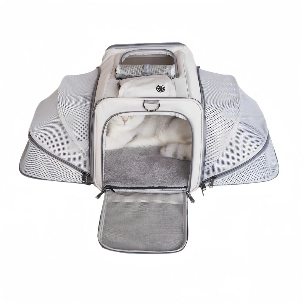 Oxford cloth cat carrier bag in beige extendable style on light background