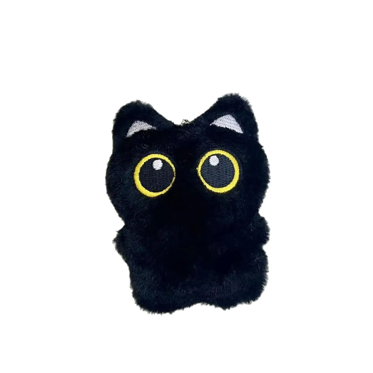 Cartoon big eye black cat doll plush with bead necklace as key decoration on a bag
