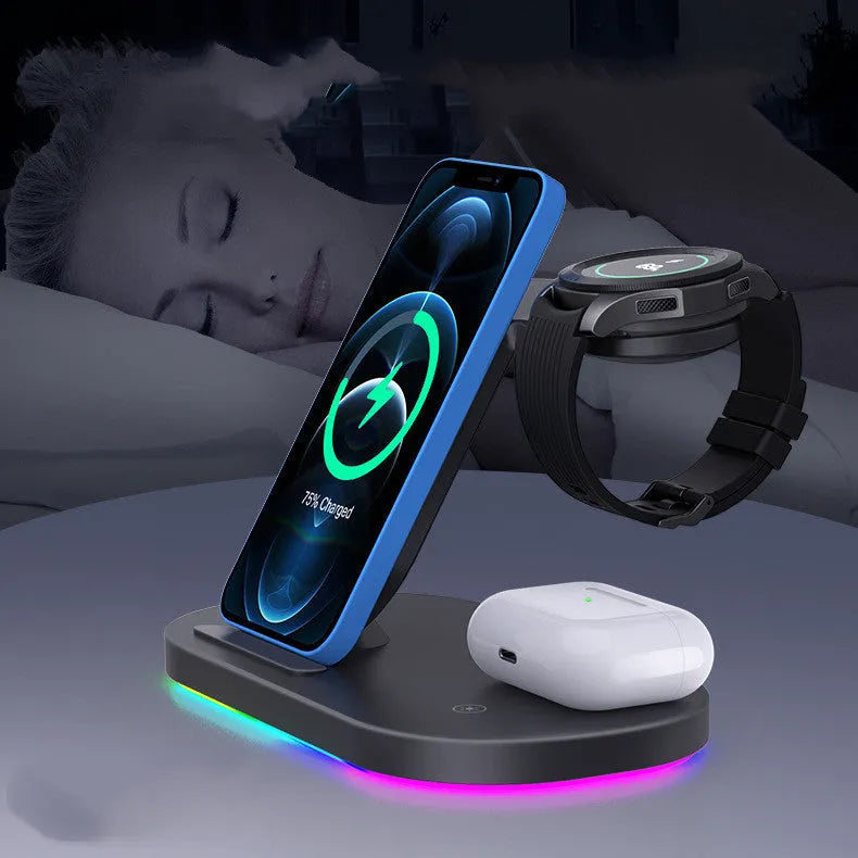 Black and white 15W three-in-one wireless charger with Type-C connector
