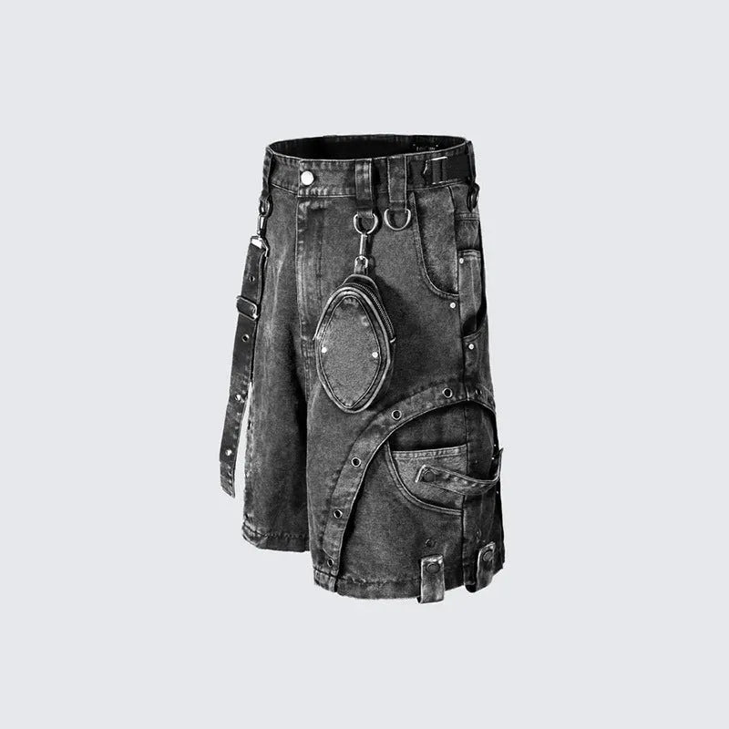 Retro high street loose fit high waist denim shorts in washed pearl canvas fabric