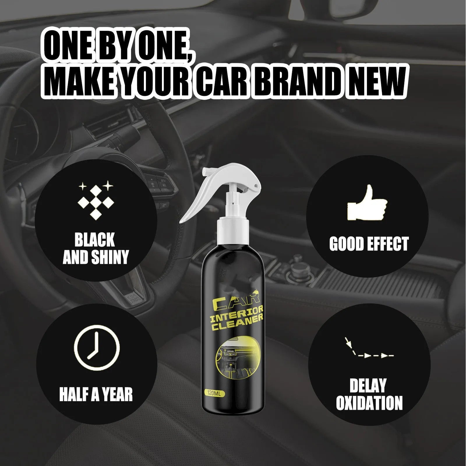 120ml bottle of car interior cleaner for leather and plastic dashboard decontamination