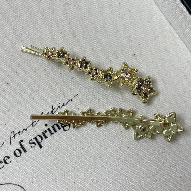 Gold Korean style rhinestone barrette with five-pointed star decoration and side clip for bangs