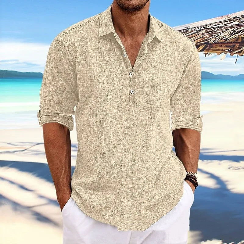 Men's loose-fit solid colour pullover shirt in khaki, front view