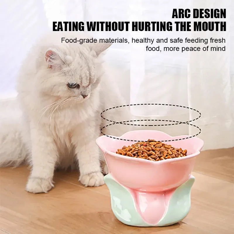 Blue ceramic pet bowl with floral pattern and elevated design for cats and small dogs