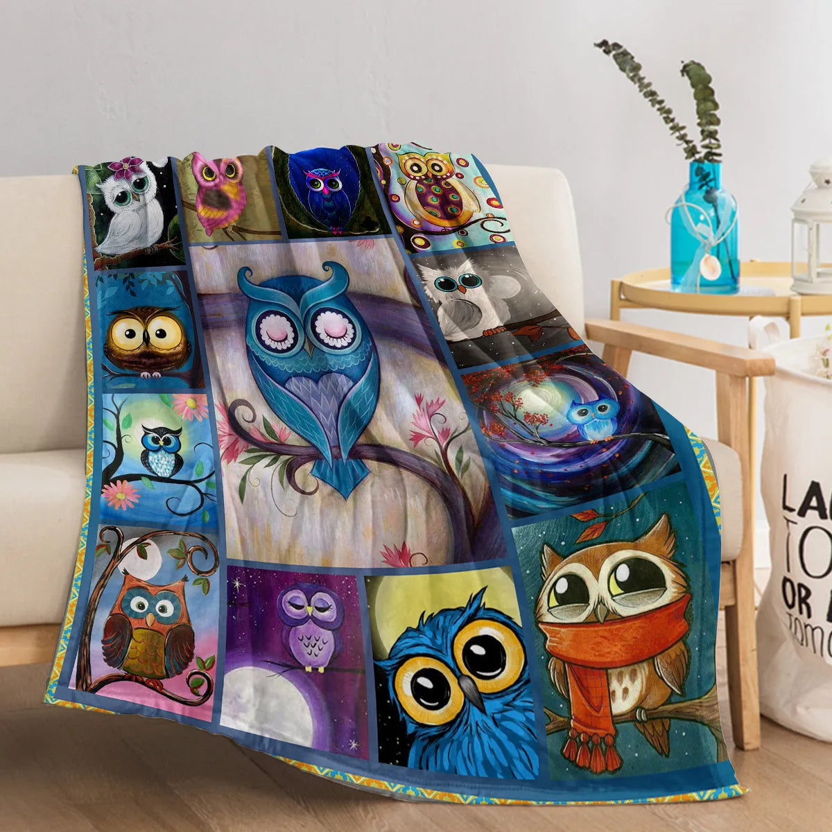 Flannel owl pattern soft fluffy multicoloured blanket in three sizes on a sofa setting
