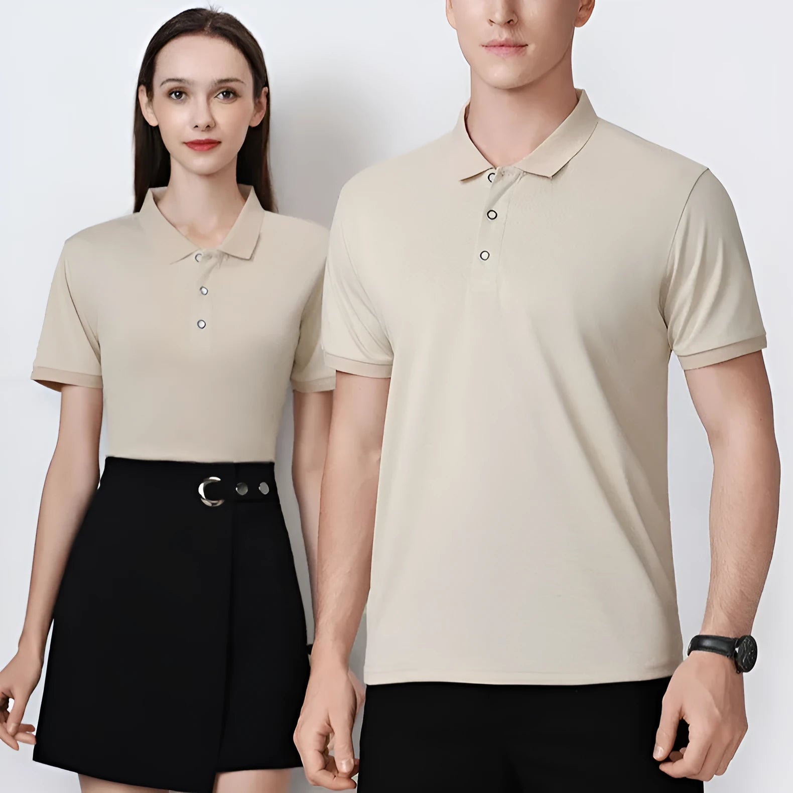 Ice silk viscose blend polo shirt in short sleeve pullover style on a hanger.
