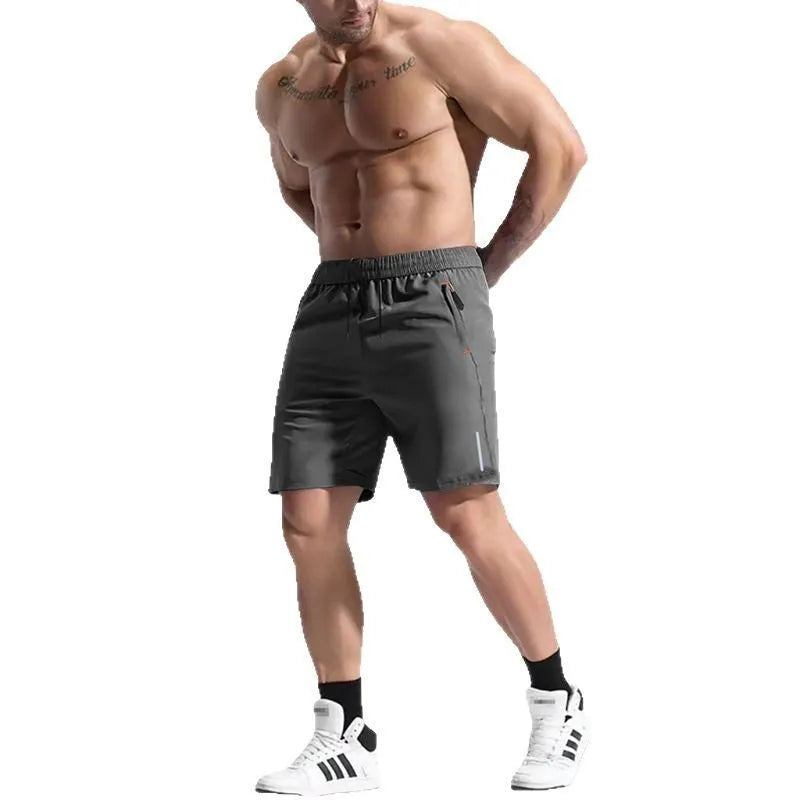 Men's grey bamboo fibre blend shorts with an elastic drawstring waistband, shown in a shorts length.