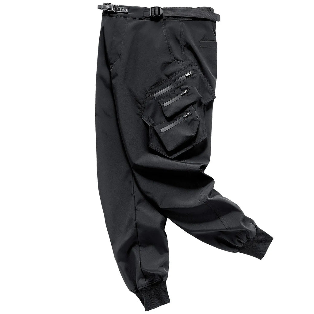 Black men's multi pocket parachute trousers, loose fit mid waist, 100% polyester wrinkle resistant, sizes M to 4XL