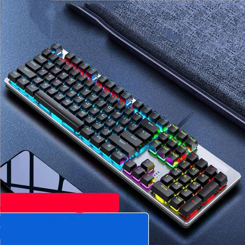 AOC GK410 wired mechanical keyboard with metal body and white backlit keys on a dark desk.