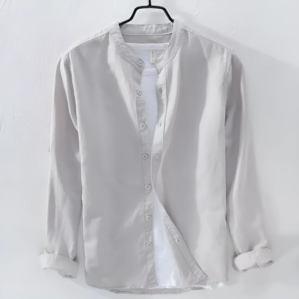 Loose fit casual long sleeve shirt in cotton linen blend fabric showing solid colour options