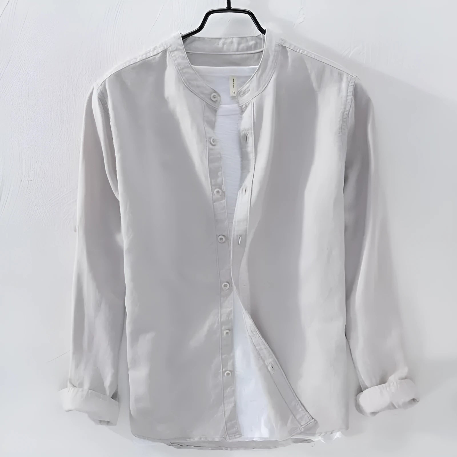 Loose fit casual long sleeve shirt in cotton linen blend fabric showing solid colour options