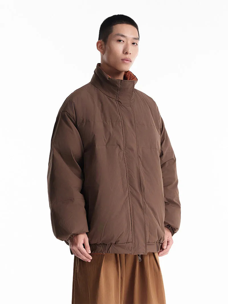 Men's brown reversible down jacket with stand-up collar and hood, medium length 65cm, available in sizes S to XL