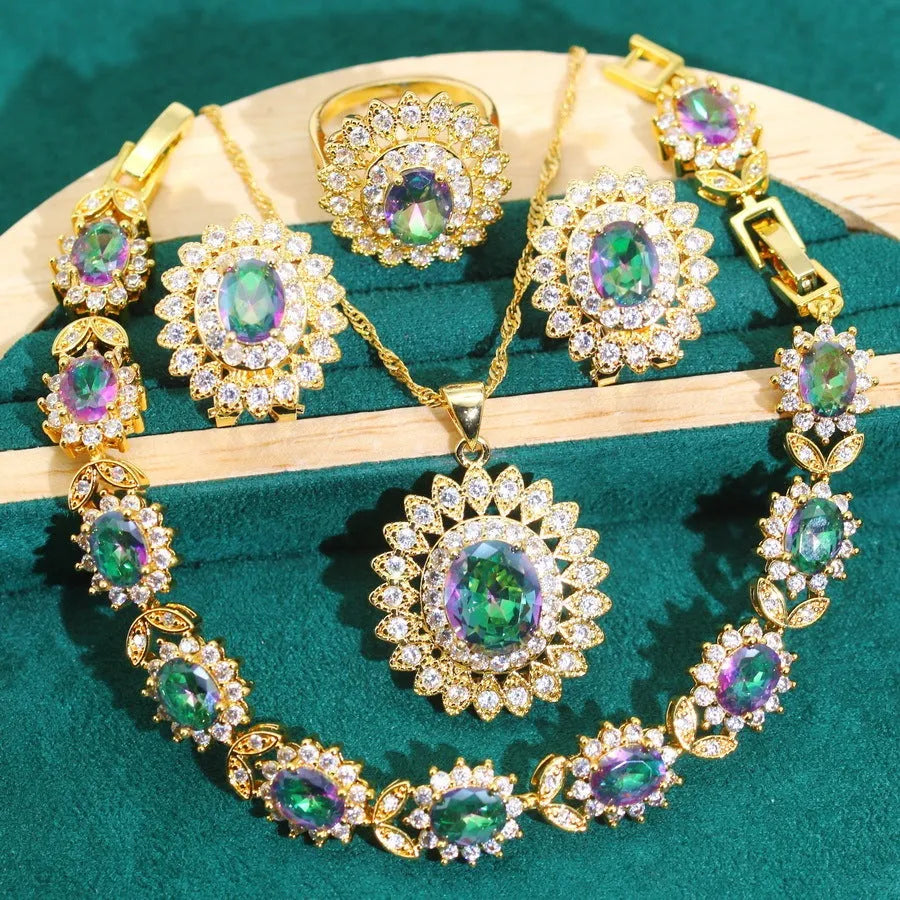 European and American style jewellery set with alloy pendant, water wave chain, inlay finish, earrings necklace ring bracelet