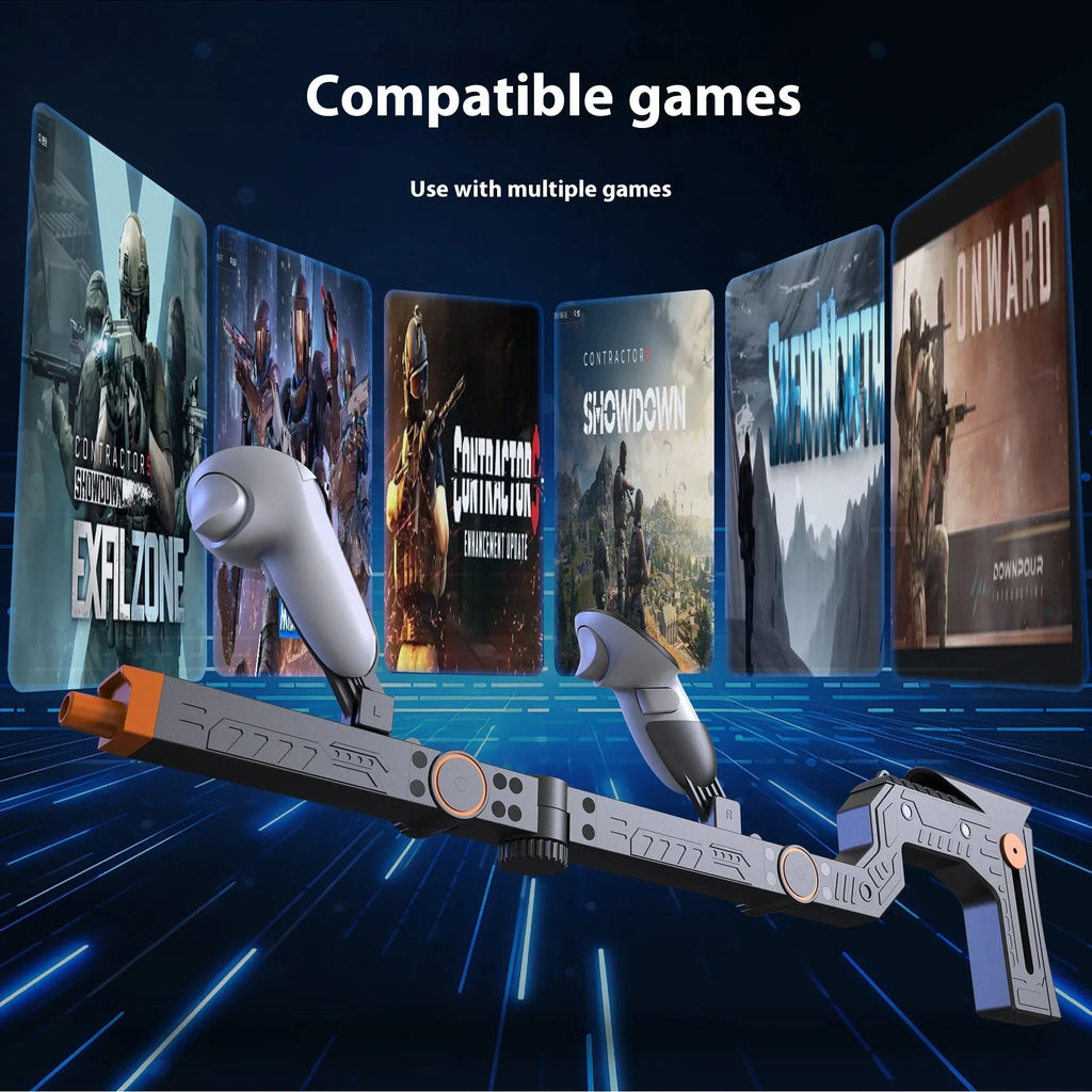 ABS VR gun mount for Quest 3 and 3S submachine gun games, approximately 67cm long in Quest 3/3S muzzle colour