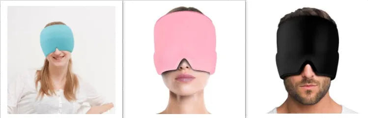 Black elastic cloth gel ice headache relief eye mask showing adjustable headband and cooling gel construction