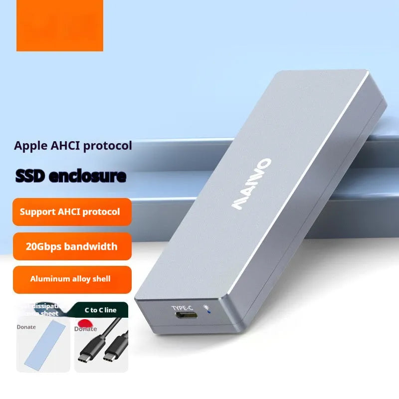 Silver aluminium M.2 NVMe SSD enclosure with USB Type-C port and installation accessories including screwdriver and screws