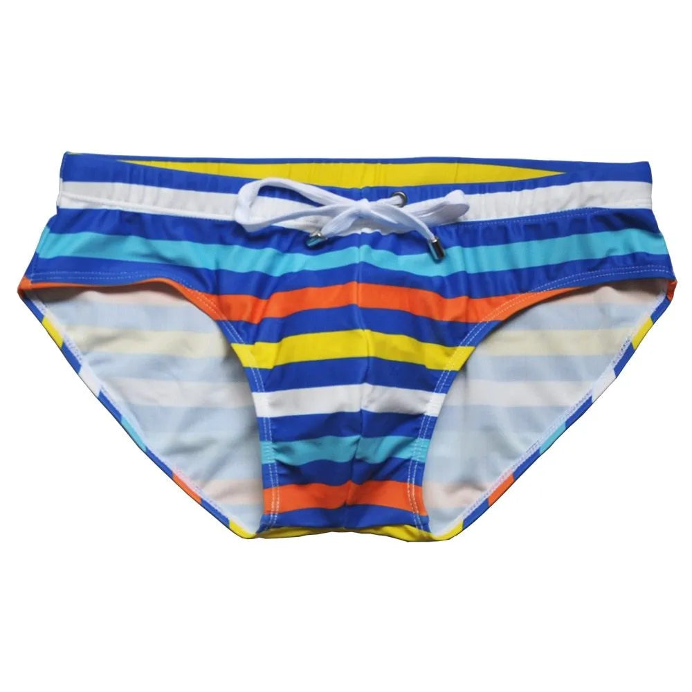 Men striped swim briefs with rope tie in blue and white pattern, sizes M-XXL