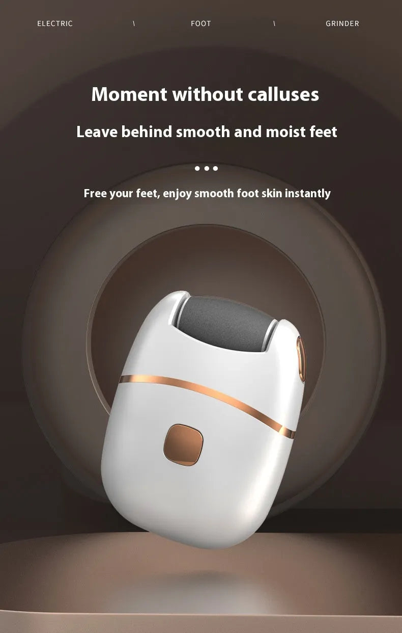 White electric foot grinder with ergonomic handle, debris suction port, and adjustable speed control on a table top