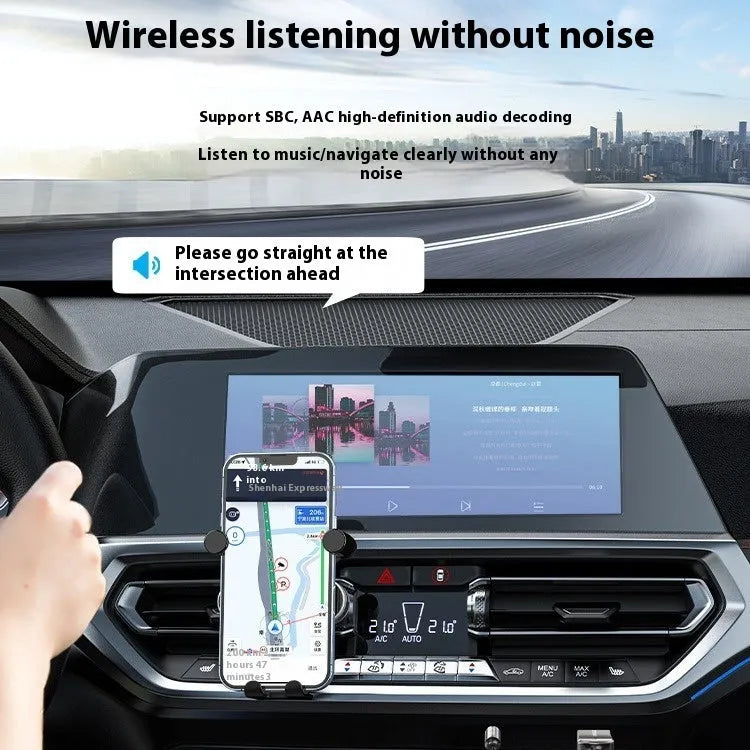 USB car Bluetooth audio receiver with zinc alloy USB plug, copper 3.5mm jack, and PU-sleeved cable.