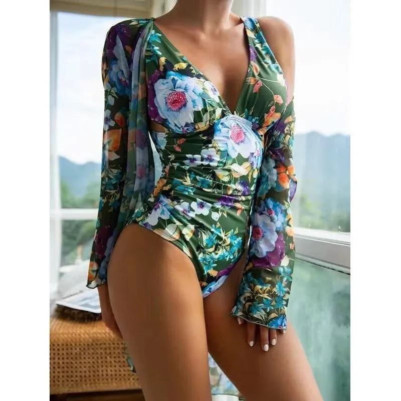 Women's floral print three-piece bikini set with matching cover-up coat in choice of seven colours