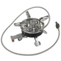 Silver portable split camping stove with folded legs and a 100cm gas hose on a wooden table.