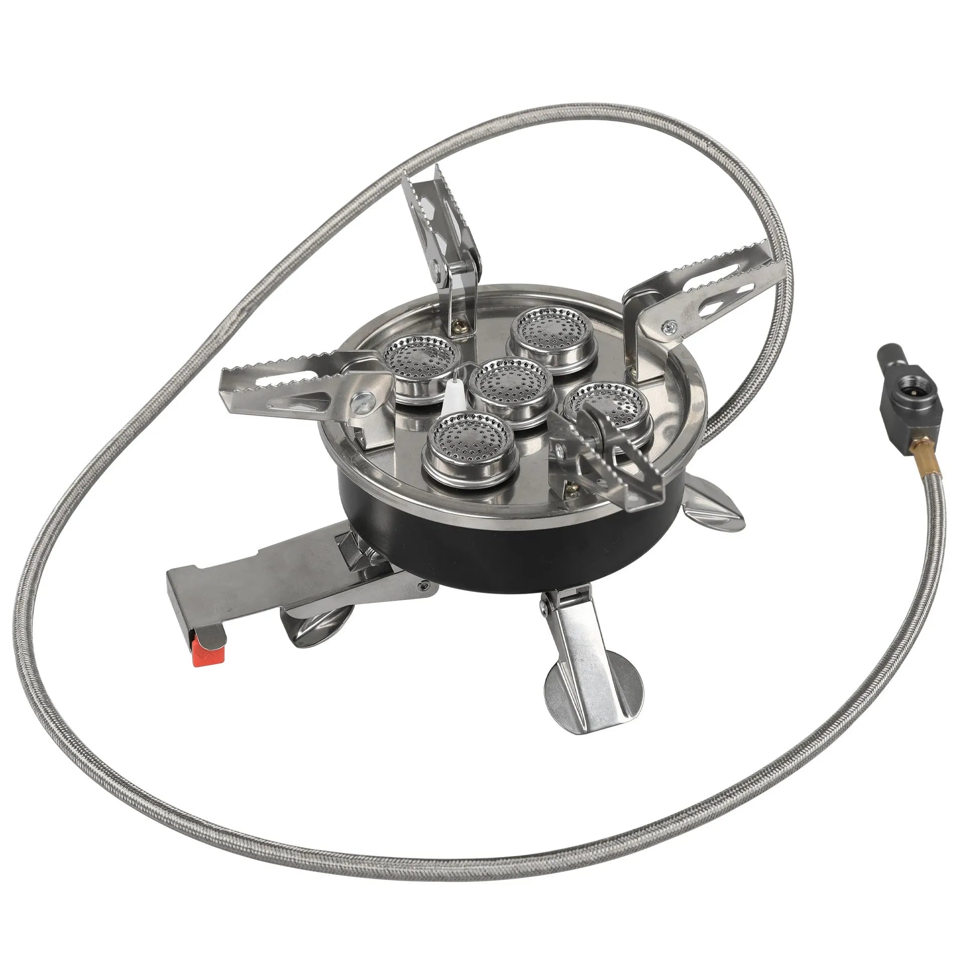 Silver portable split camping stove with folded legs and a 100cm gas hose on a wooden table.