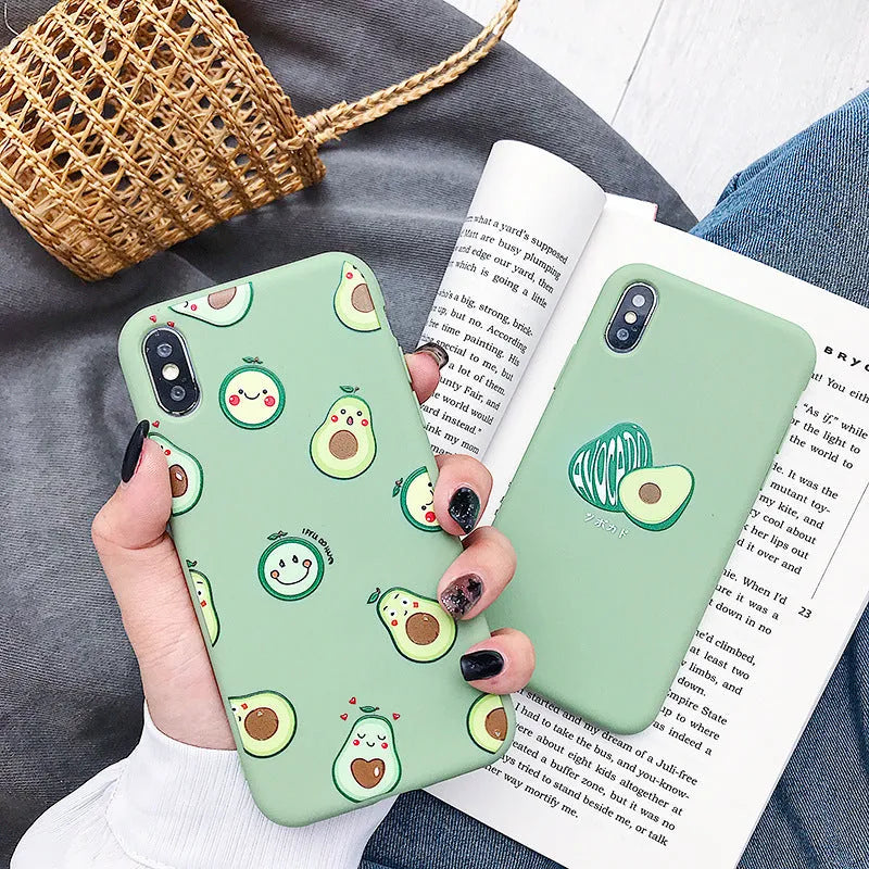 Cartoon avocado design on a green TPU phone case for iPhone models.
