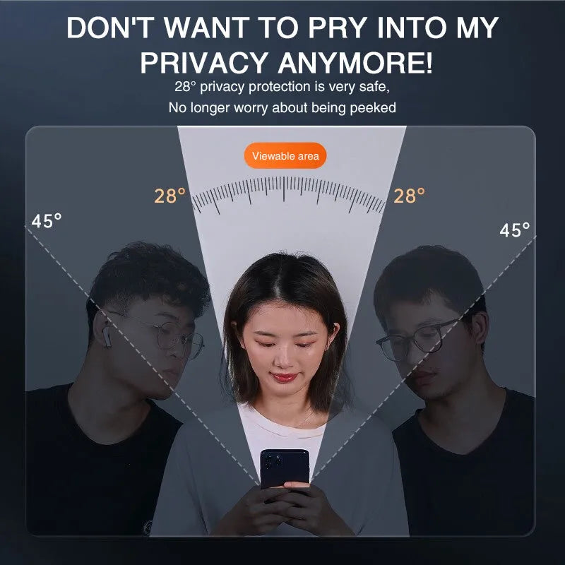 Anti-peeping tempered glass screen protector for iPhone on a table next to a mobile phone.