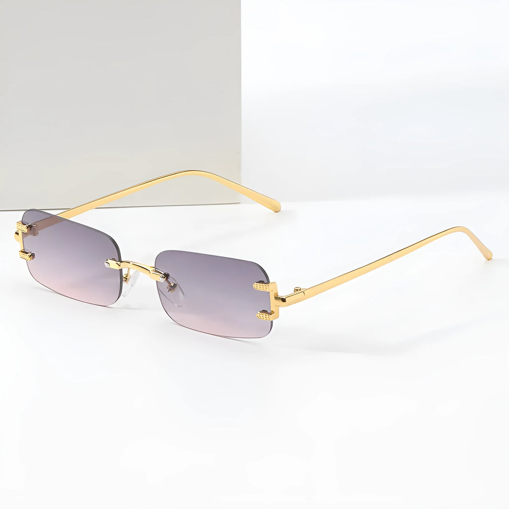 Retro square frameless sunglasses with gold metal frame and black/gray AC lenses