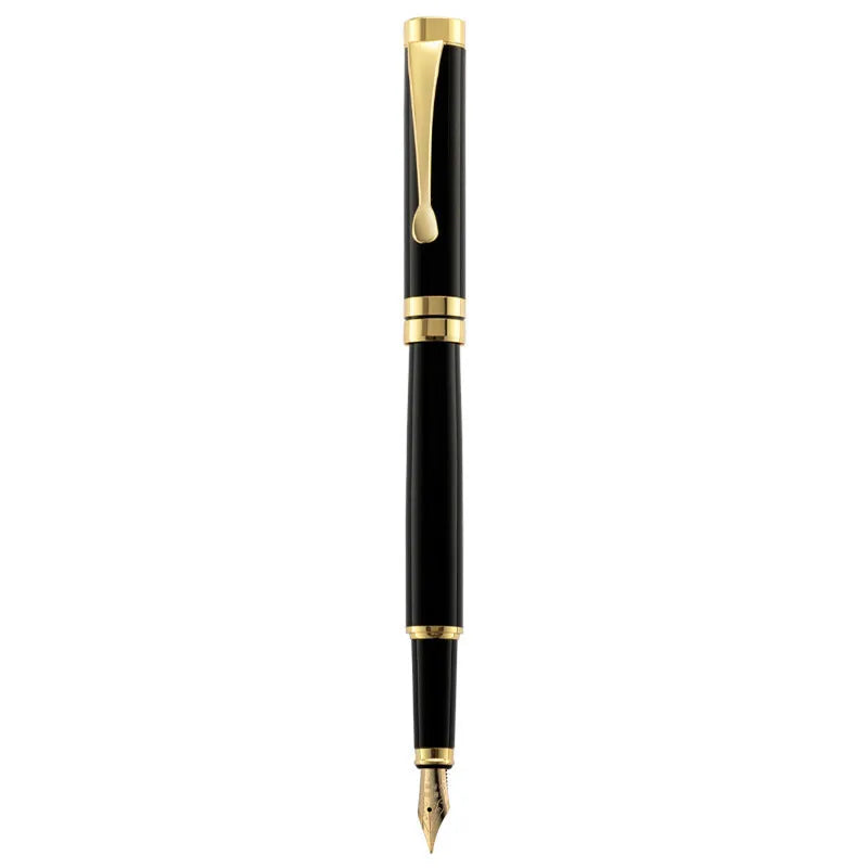 Metal fountain pen with fine F-0.5mm nib, black gold clip finish, 140mm length