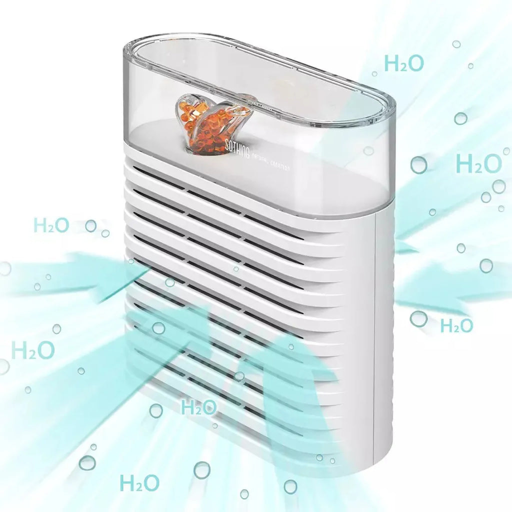 White recyclable cabinet dehumidifier box with transparent top showing colour-changing beads.