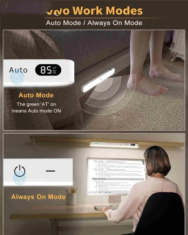 White motion sensor cabinet light with battery display screen, adjustable length 1m to 5m