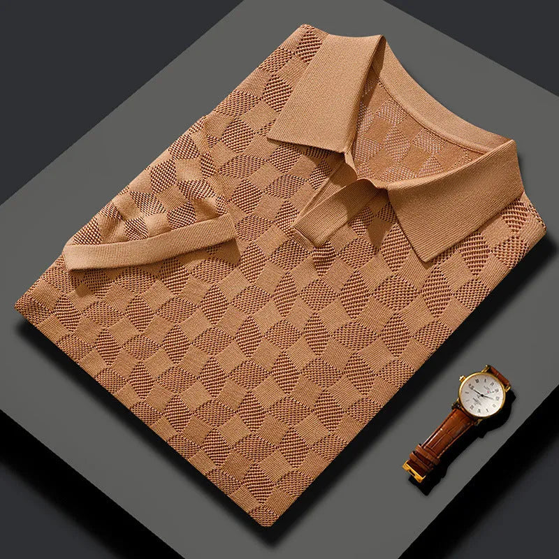 Men's mulberry silk short sleeve lapel sweater in a solid colour with Jacquard knit texture.