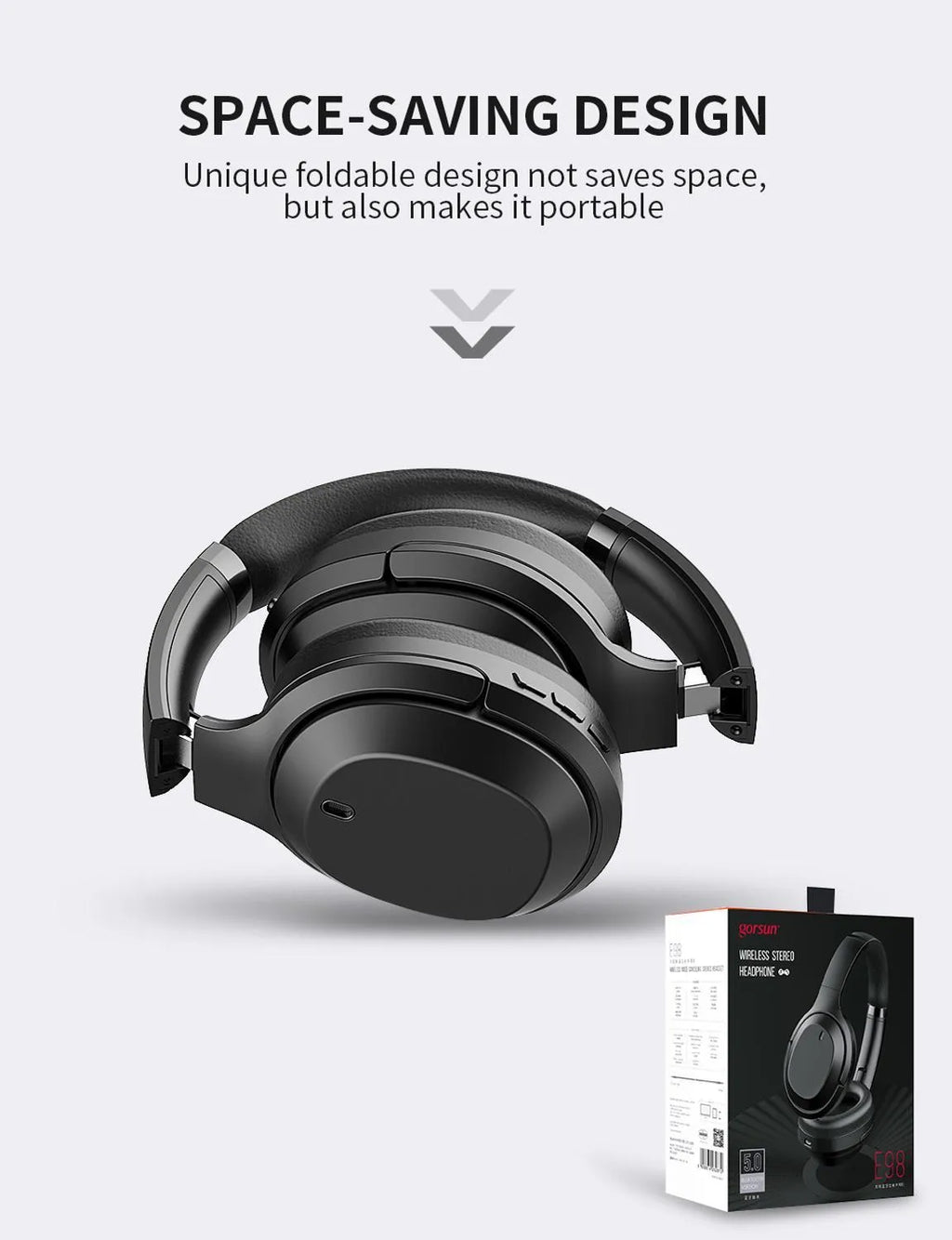 Gorsun E98 black over-ear wireless Bluetooth headphones with microphone on headband.
