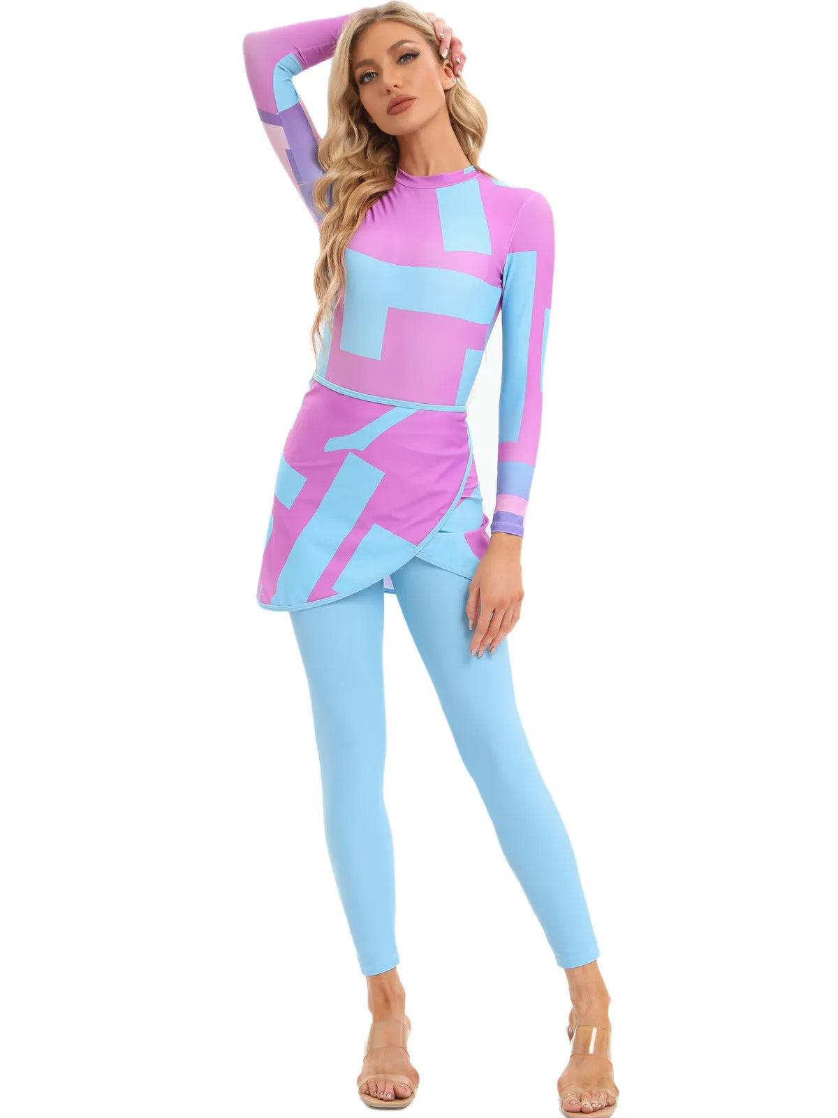 Conservative women's three-piece swimsuit set with apron in a fresh print, shown in Sapphire blue.