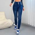 Dark blue cotton denim women's trousers with breasted front, straight legs, and button and zipper closure.