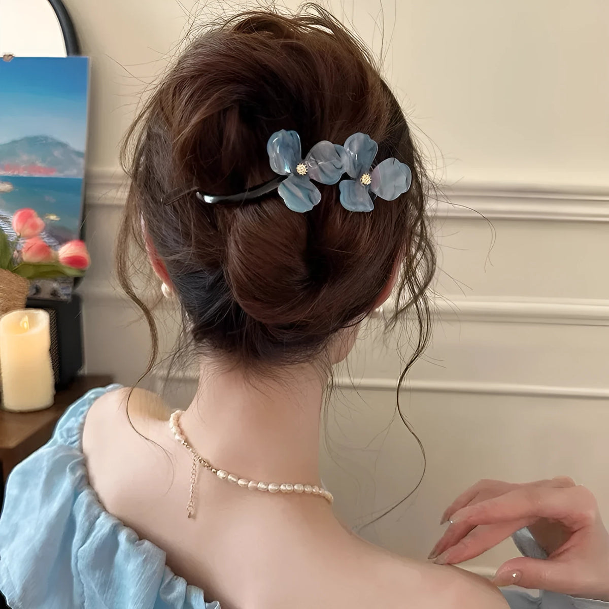 Retro flower bobby pin with acrylic petals for back head updos, available in blue, light blue, beige, or pink petals.